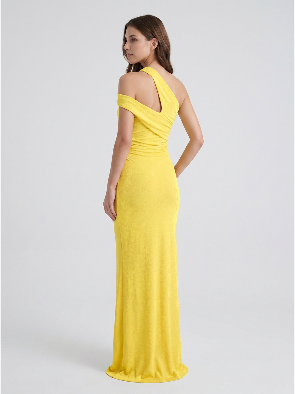 Lemon Stretch knit Sheath One Shoulder Side Zip Ankle Bridesmaid Dress with Pleats - Curvevia