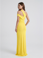 Lemon Stretch knit Sheath One Shoulder Side Zip Ankle Bridesmaid Dress with Pleats - Curvevia
