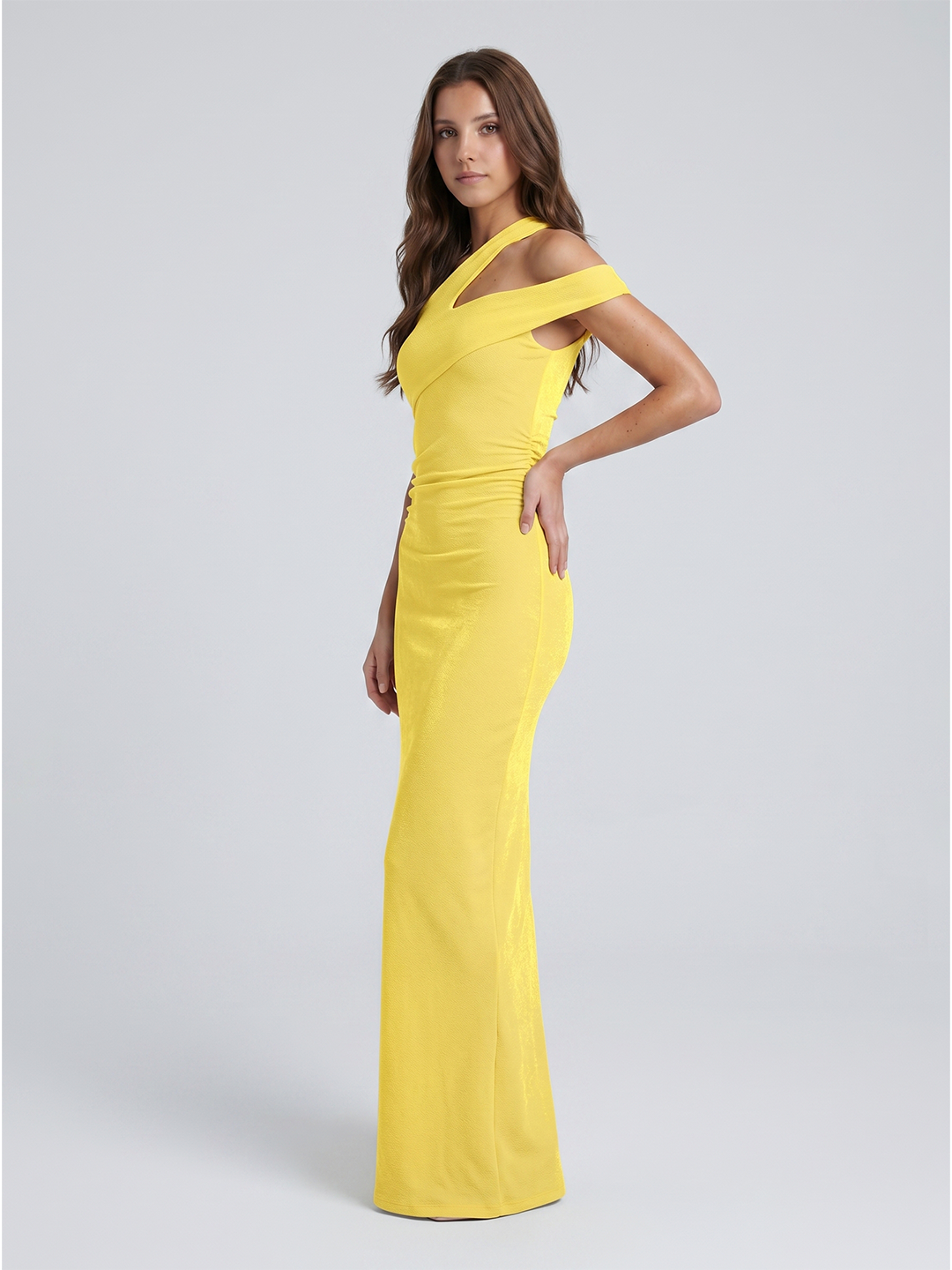 Lemon Stretch knit Sheath One Shoulder Side Zip Ankle Bridesmaid Dress with Pleats - Curvevia
