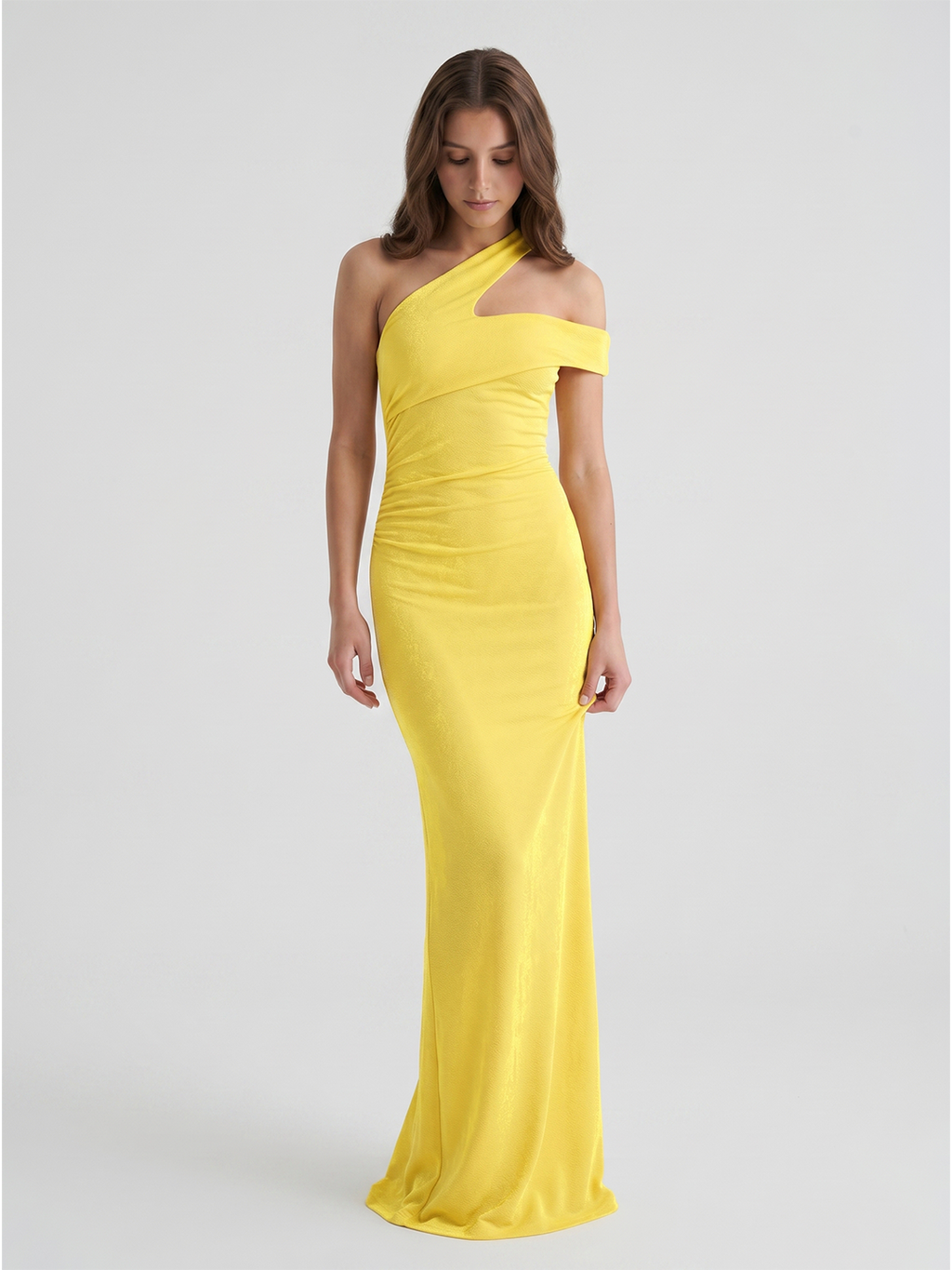 Lemon Stretch knit Sheath One Shoulder Side Zip Ankle Bridesmaid Dress with Pleats - Curvevia