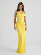 Lemon Stretch knit Sheath One Shoulder Side Zip Ankle Bridesmaid Dress with Pleats - Curvevia