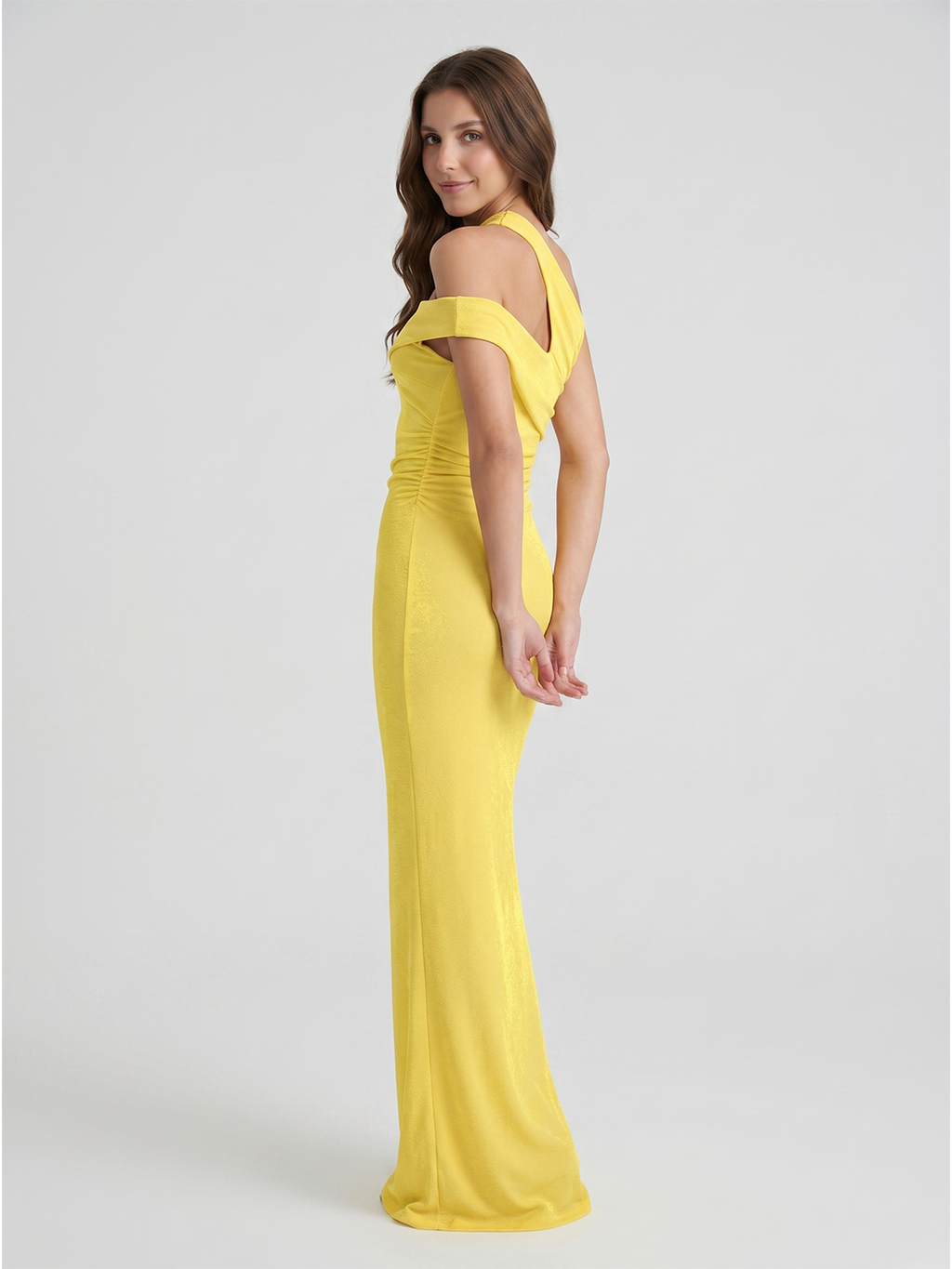Lemon Stretch knit Sheath One Shoulder Side Zip Ankle Bridesmaid Dress with Pleats - Curvevia