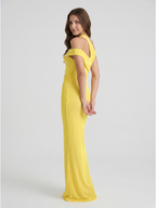 Lemon Stretch knit Sheath One Shoulder Side Zip Ankle Bridesmaid Dress with Pleats - Curvevia