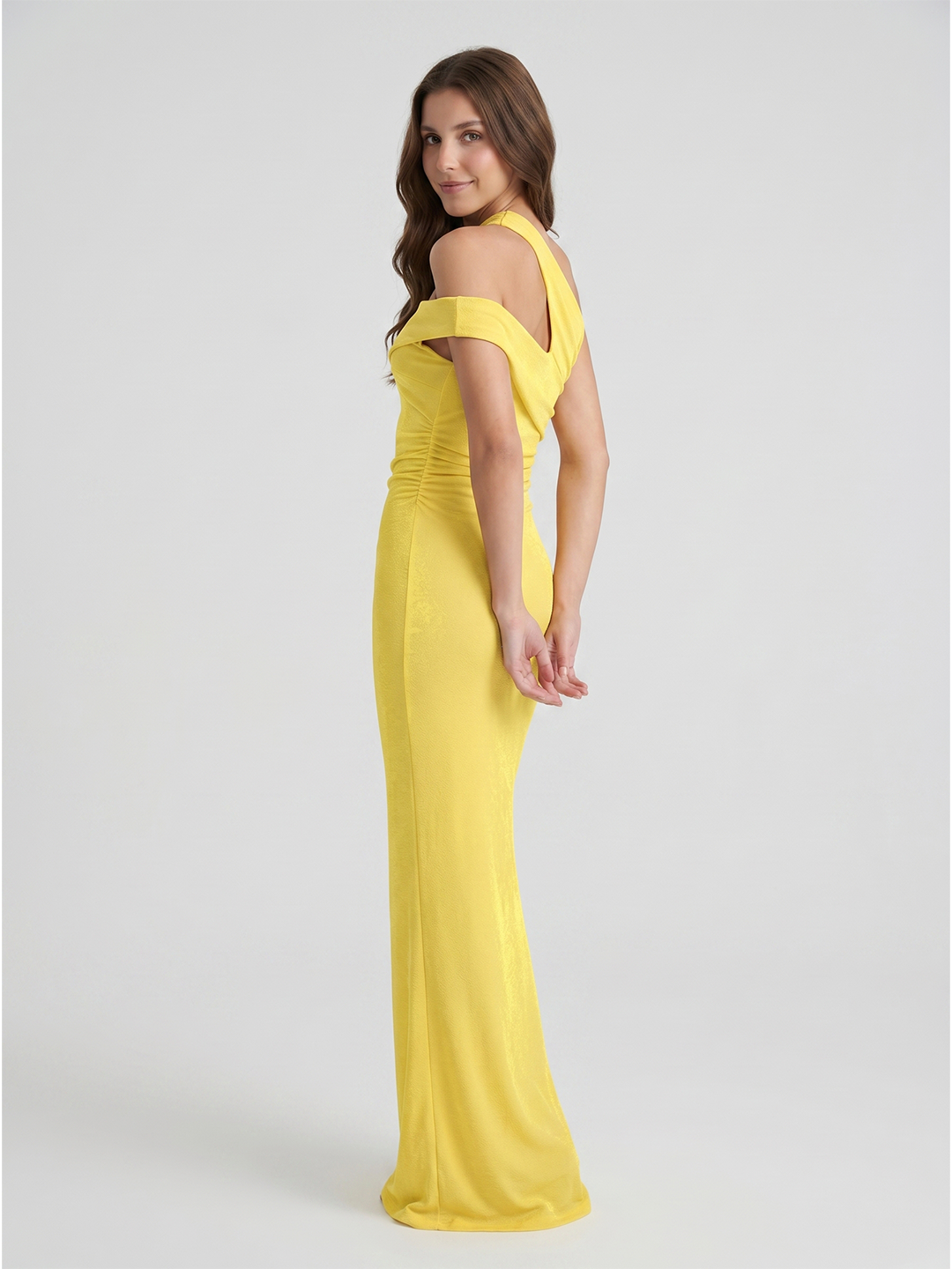 Lemon Stretch knit Sheath One Shoulder Side Zip Ankle Bridesmaid Dress with Pleats - Curvevia