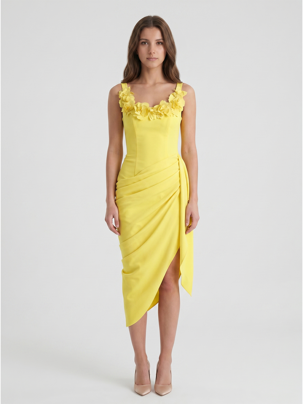 Lemon Stretch Knit Sheath Scoop Neck Backless Knee-Length Bridesmaid Dress with 3D Flower - Curvevia