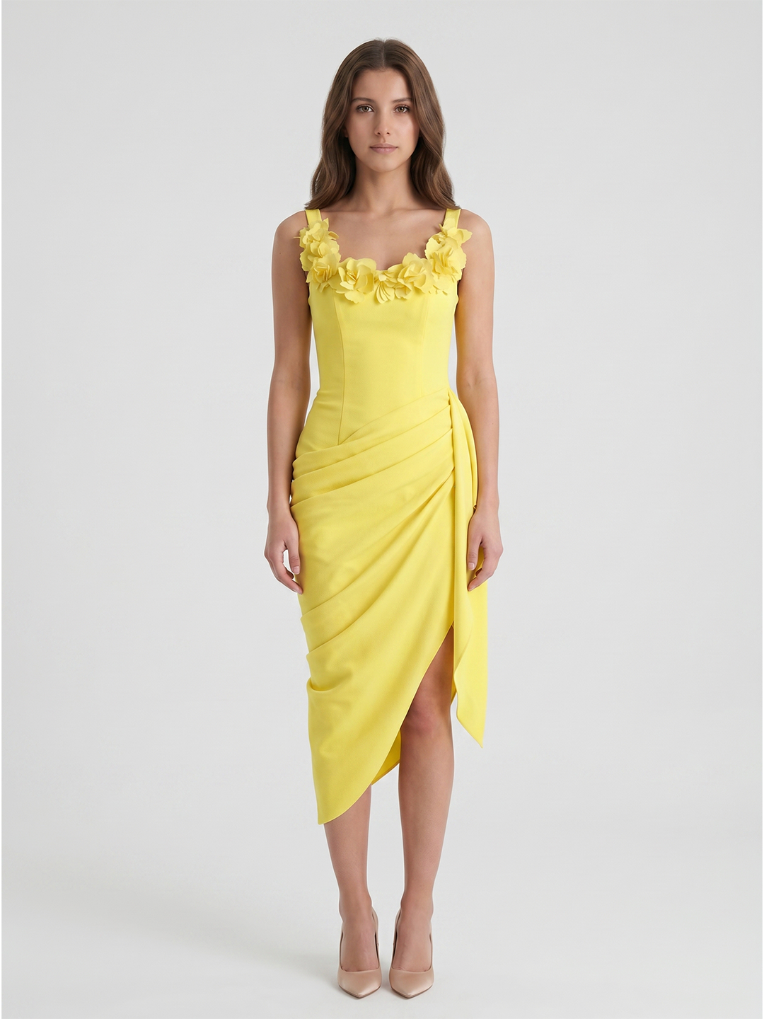 Lemon Stretch Knit Sheath Scoop Neck Backless Knee-Length Bridesmaid Dress with 3D Flower - Curvevia