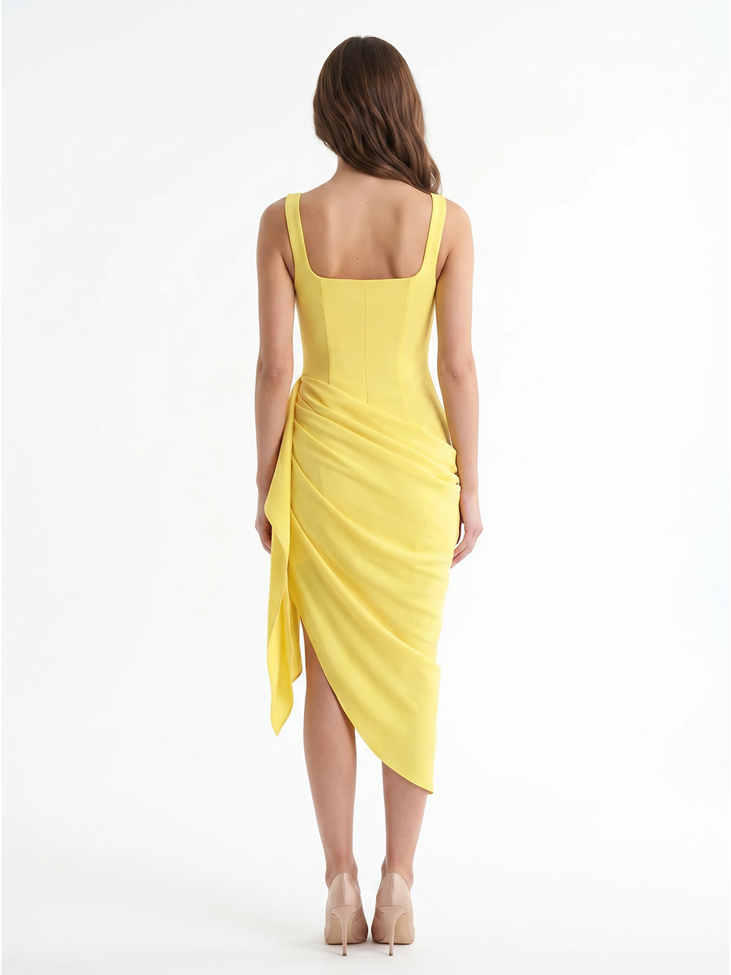 Lemon Stretch Knit Sheath Scoop Neck Backless Knee-Length Bridesmaid Dress with 3D Flower - Curvevia