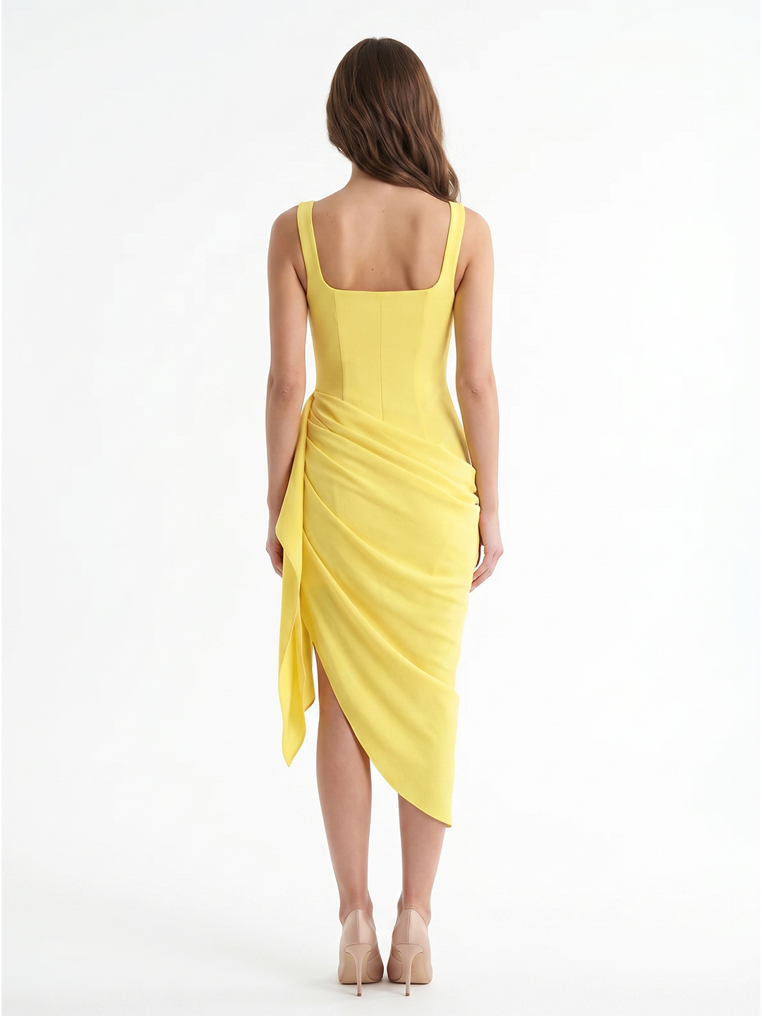 Lemon Stretch Knit Sheath Scoop Neck Backless Knee-Length Bridesmaid Dress with 3D Flower - Curvevia