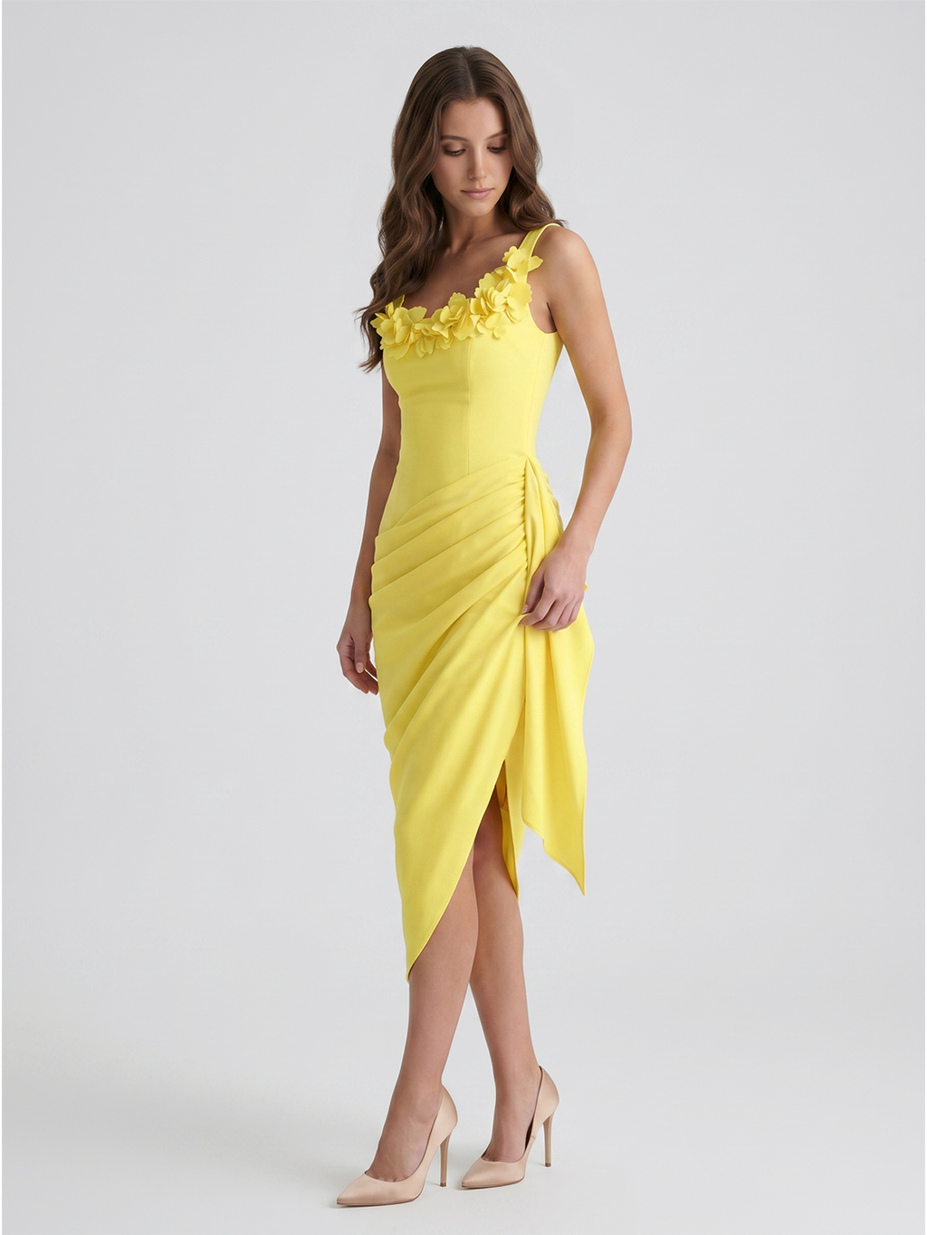 Lemon Stretch Knit Sheath Scoop Neck Backless Knee-Length Bridesmaid Dress with 3D Flower - Curvevia