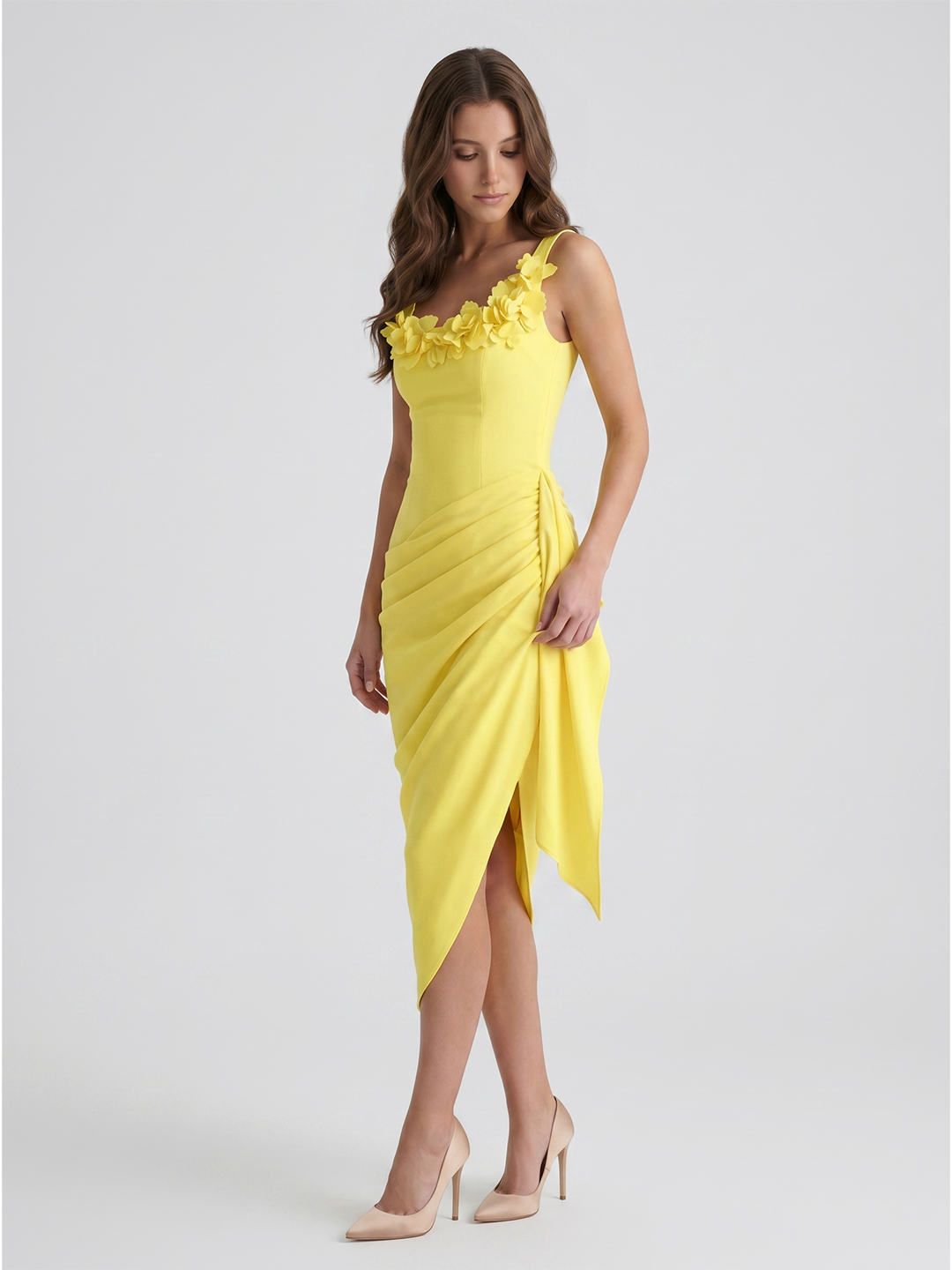 Lemon Stretch Knit Sheath Scoop Neck Backless Knee-Length Bridesmaid Dress with 3D Flower - Curvevia