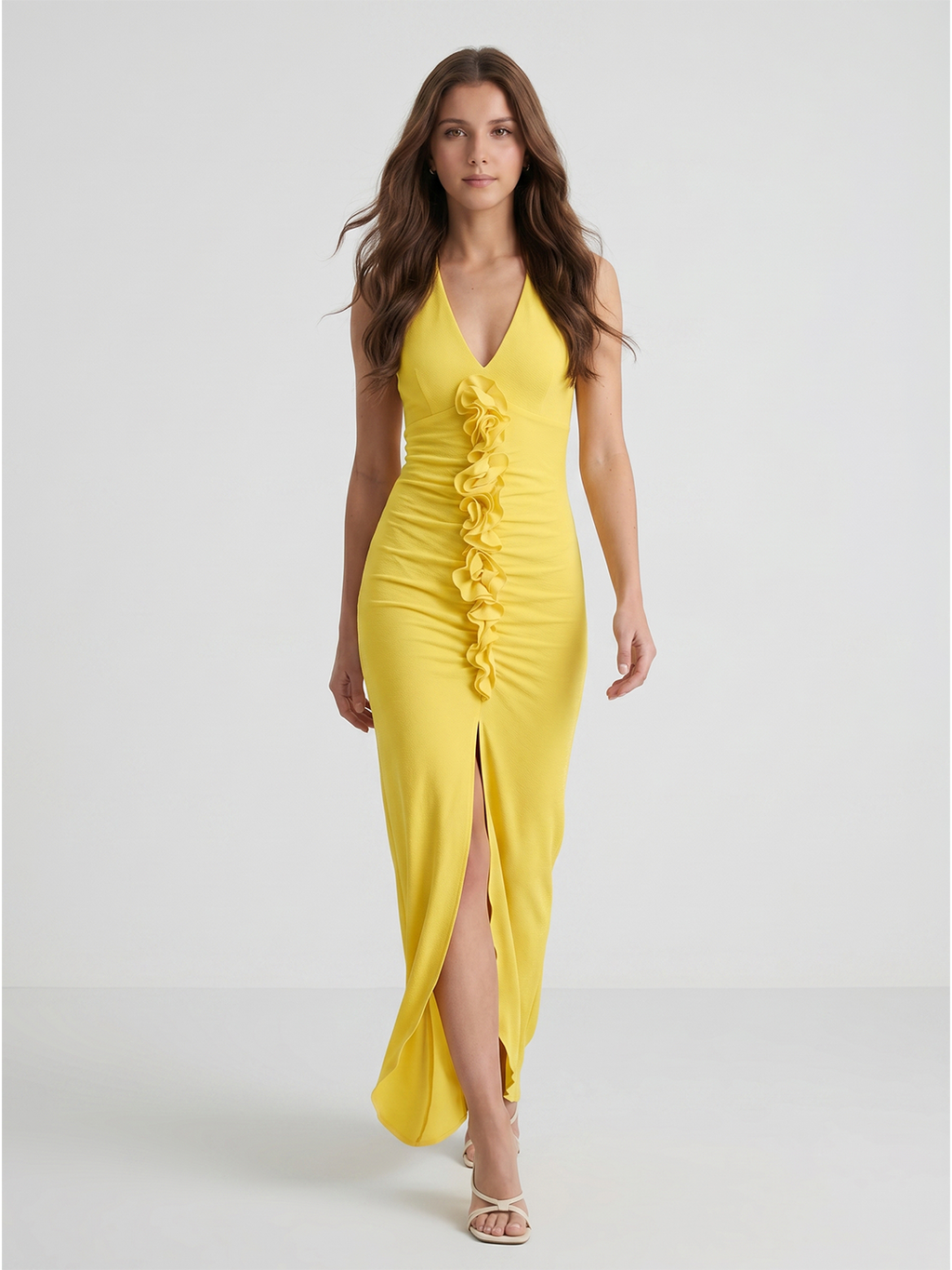 Lemon Stretch Knit Sheath V-Neck Backless Ankle Bridesmaid Dress with 3D Flower - Curvevia