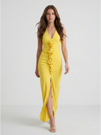 Lemon Stretch Knit Sheath V-Neck Backless Ankle Bridesmaid Dress with 3D Flower - Curvevia