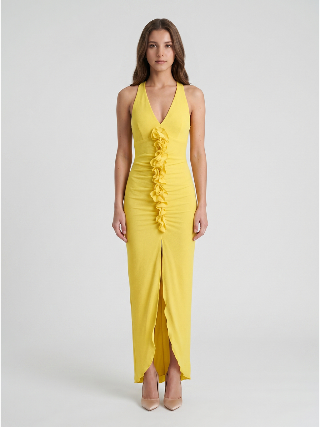 Lemon Stretch Knit Sheath V-Neck Backless Ankle Bridesmaid Dress with 3D Flower - Curvevia