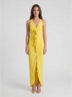 Lemon Stretch Knit Sheath V-Neck Backless Ankle Bridesmaid Dress with 3D Flower - Curvevia
