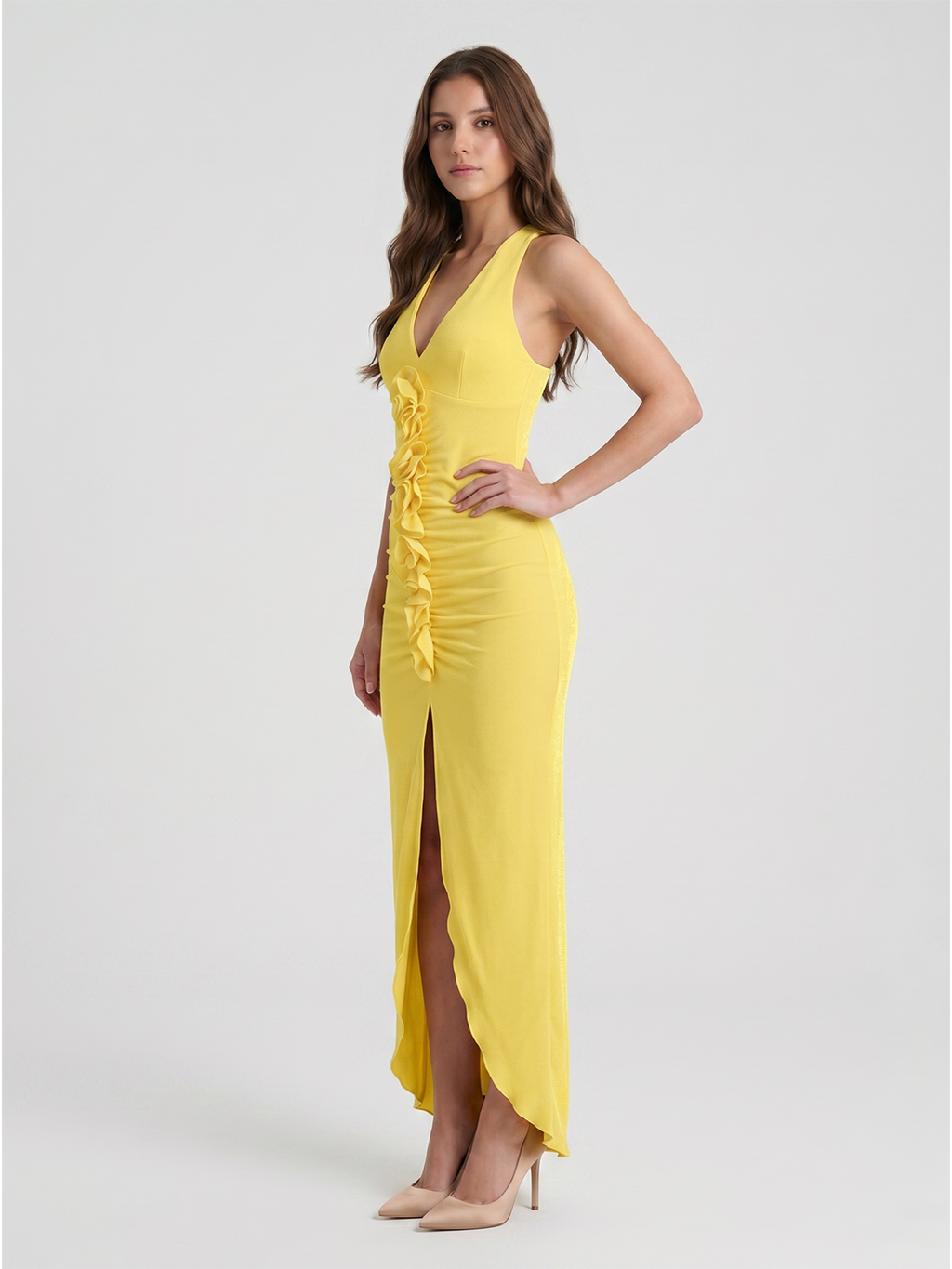 Lemon Stretch Knit Sheath V-Neck Backless Ankle Bridesmaid Dress with 3D Flower - Curvevia