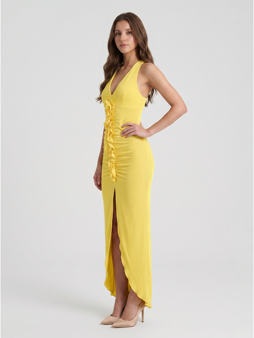 Lemon Stretch Knit Sheath V-Neck Backless Ankle Bridesmaid Dress with 3D Flower - Curvevia