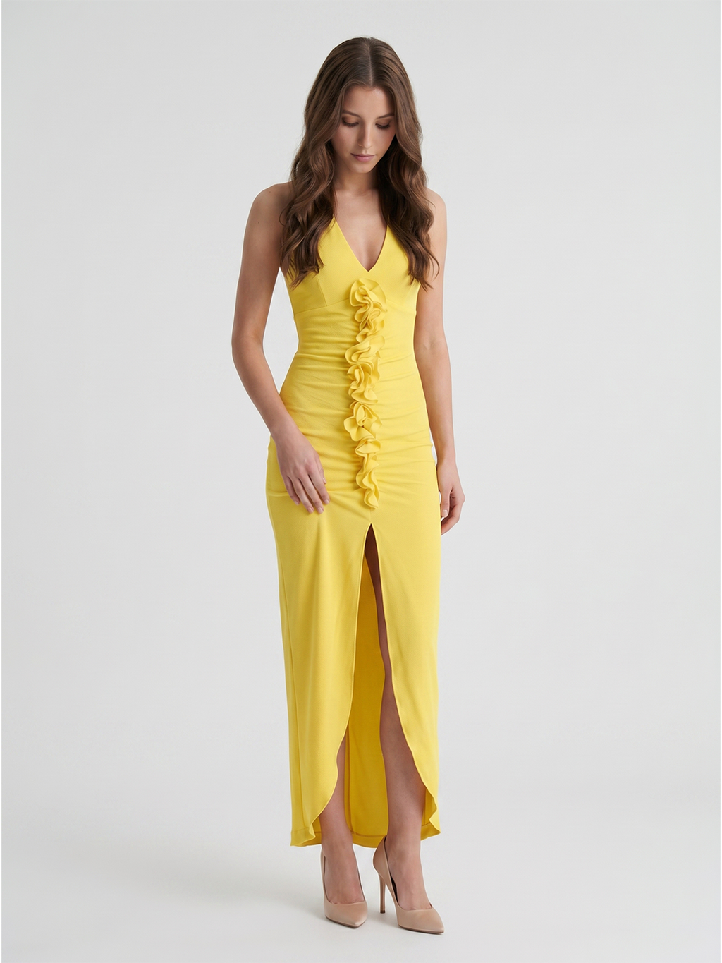 Lemon Stretch Knit Sheath V-Neck Backless Ankle Bridesmaid Dress with 3D Flower - Curvevia