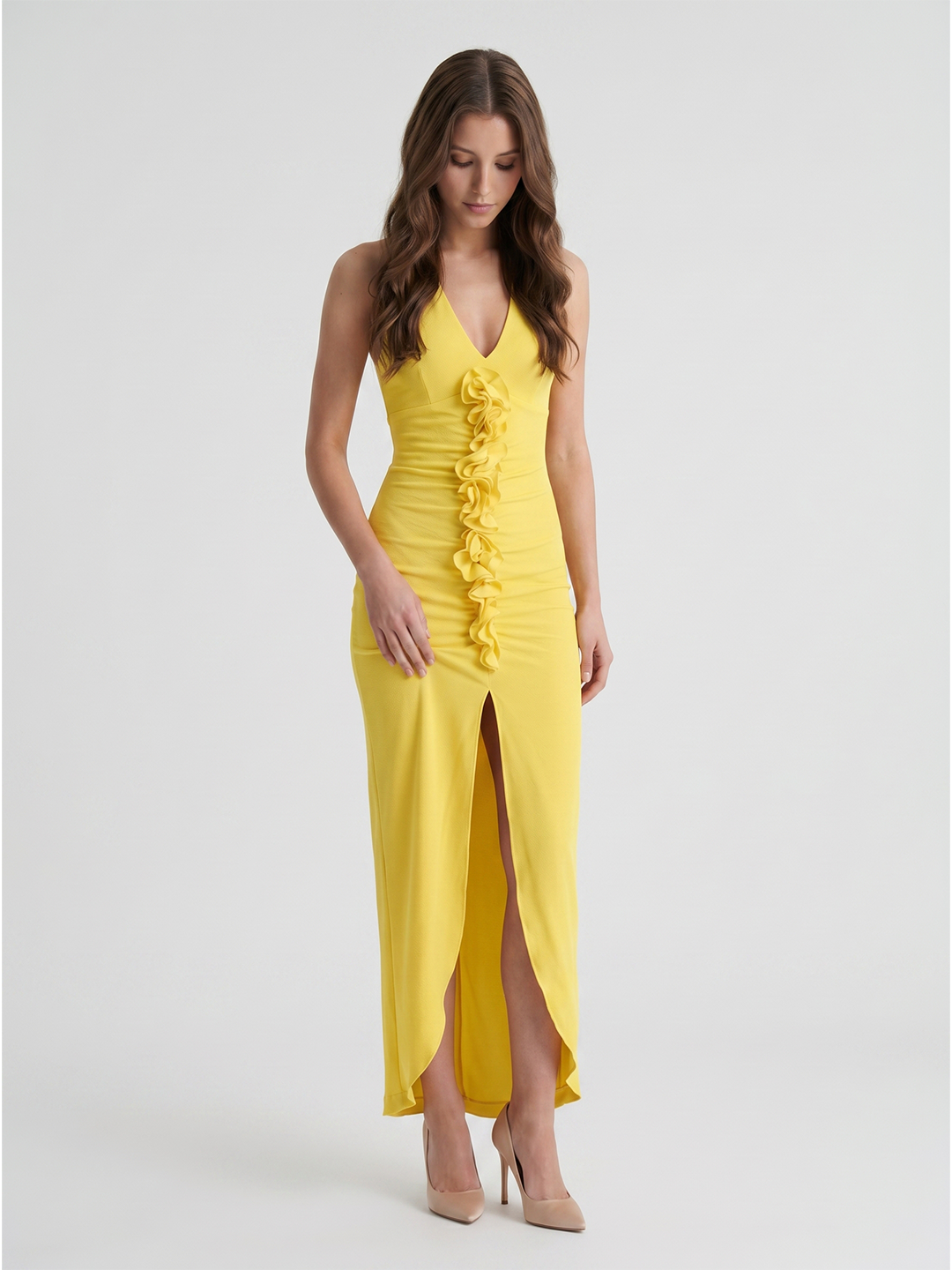 Lemon Stretch Knit Sheath V-Neck Backless Ankle Bridesmaid Dress with 3D Flower - Curvevia