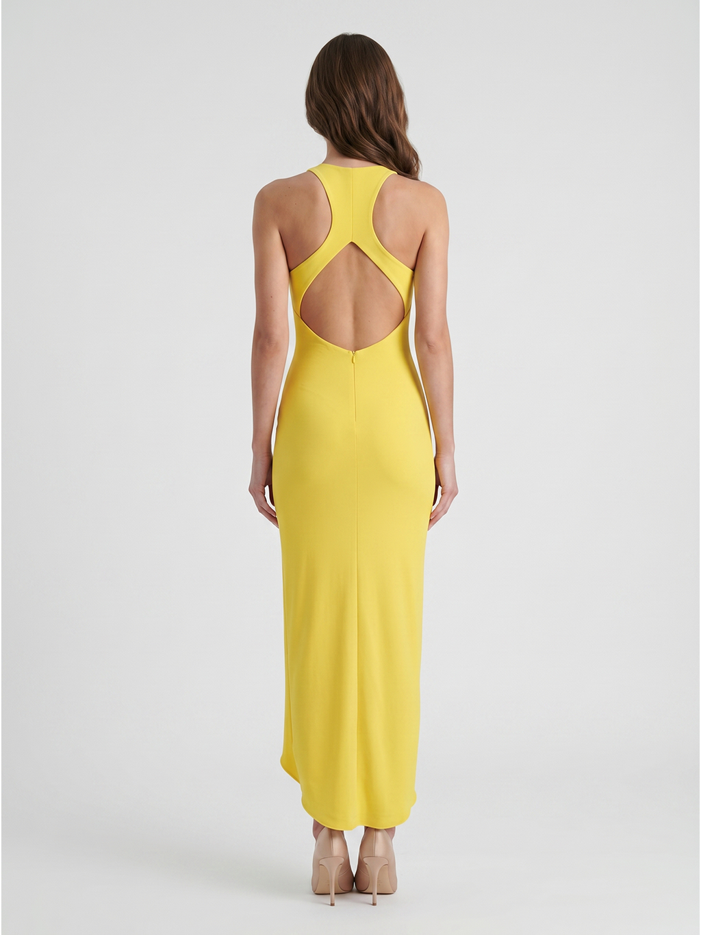 Lemon Stretch Knit Sheath V-Neck Backless Ankle Bridesmaid Dress with 3D Flower - Curvevia