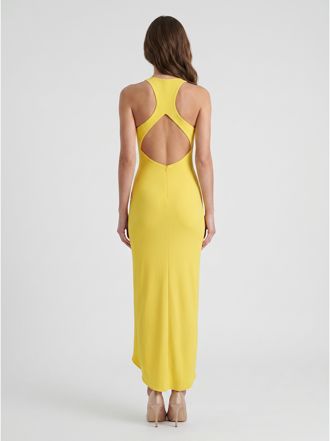Lemon Stretch Knit Sheath V-Neck Backless Ankle Bridesmaid Dress with 3D Flower - Curvevia