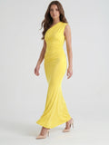 Lemon Stretch Knit Trumpet One Shoulder Backless Ankle-Length Bridesmaid Dress with Pleats - Curvevia
