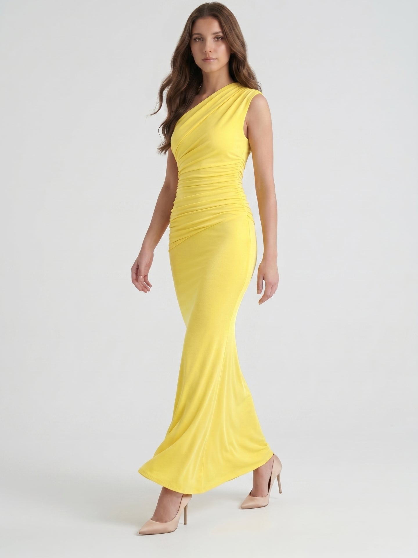 Lemon Stretch Knit Trumpet One Shoulder Backless Ankle-Length Bridesmaid Dress with Pleats - Curvevia