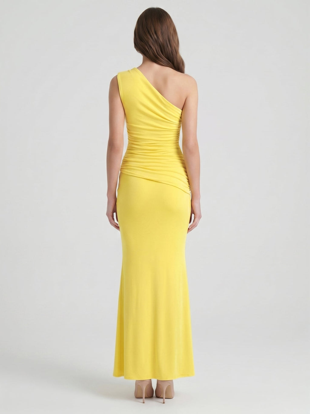 Lemon Stretch Knit Trumpet One Shoulder Backless Ankle-Length Bridesmaid Dress with Pleats - Curvevia