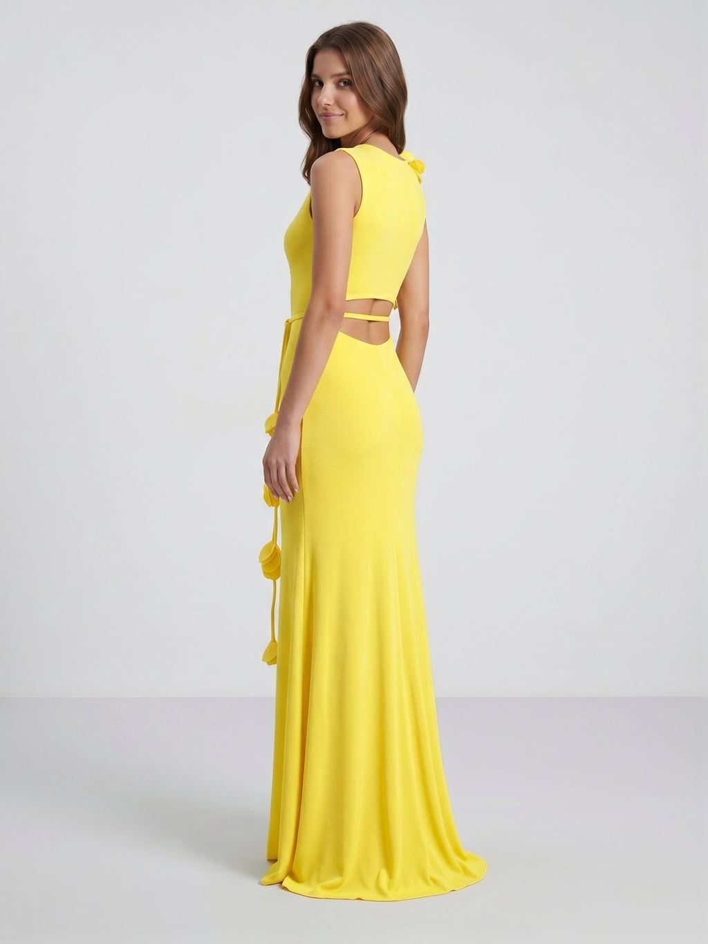 Lemon Stretch Knit Trumpet Scoop Neck Keyhole Back Floor Bridesmaid Dress with 3D Flower - Curvevia