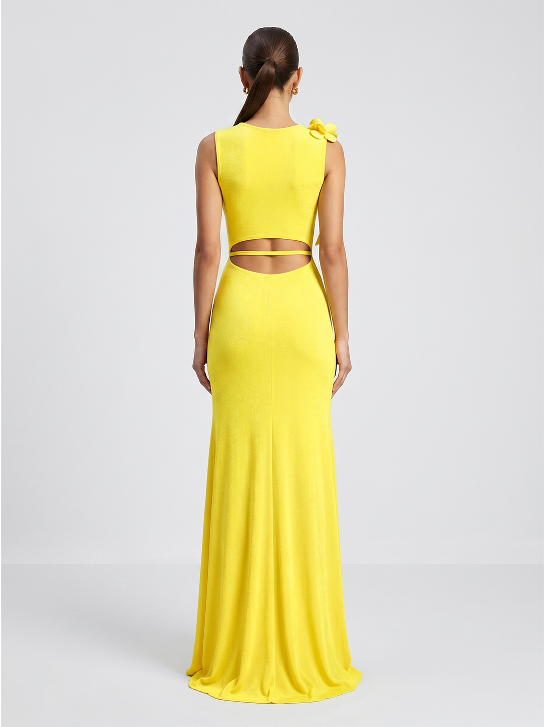 Lemon Stretch Knit Trumpet Scoop Neck Keyhole Back Floor Bridesmaid Dress with 3D Flower - Curvevia