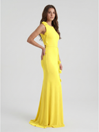 Lemon Stretch Knit Trumpet Scoop Neck Keyhole Back Floor Bridesmaid Dress with 3D Flower - Curvevia