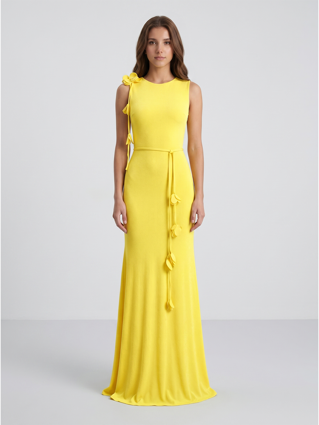 Lemon Stretch Knit Trumpet Scoop Neck Keyhole Back Floor Bridesmaid Dress with 3D Flower - Curvevia