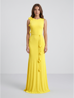 Lemon Stretch Knit Trumpet Scoop Neck Keyhole Back Floor Bridesmaid Dress with 3D Flower - Curvevia