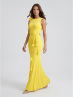 Lemon Stretch Knit Trumpet Scoop Neck Keyhole Back Floor Bridesmaid Dress with 3D Flower - Curvevia