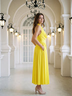 Lemon Stretch Knit A-Line Halter Backless Ankle-Length Bridesmaid Dress with Pleated Skirt - Curvevia