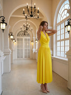 Lemon Stretch Knit A-Line Halter Backless Ankle-Length Bridesmaid Dress with Pleated Skirt - Curvevia