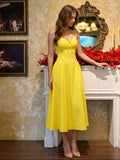 Lemon Stretch Knit A-Line Halter Backless Ankle-Length Bridesmaid Dress with Pleats - Curvevia