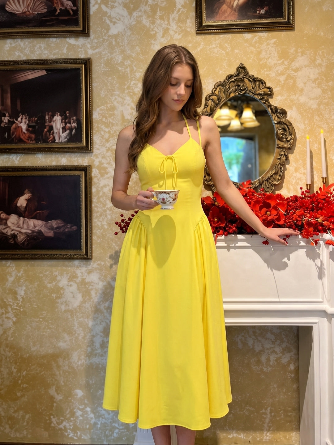 Lemon Stretch Knit A-Line Halter Backless Ankle-Length Bridesmaid Dress with Pleats - Curvevia