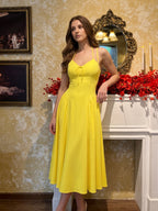 Lemon Stretch Knit A-Line Halter Backless Ankle-Length Bridesmaid Dress with Pleats - Curvevia