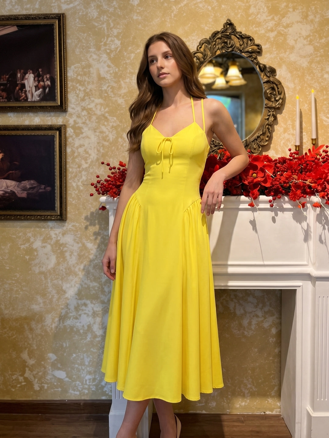 Lemon Stretch Knit A-Line Halter Backless Ankle-Length Bridesmaid Dress with Pleats - Curvevia