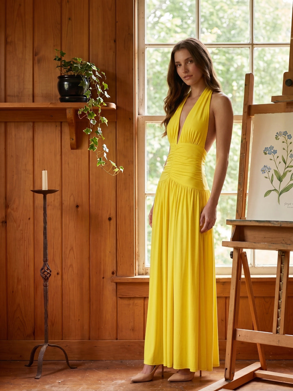 Lemon Stretch Knit A-Line Halter Backless Ankle-Length Bridesmaid Dress with Pleats - Curvevia