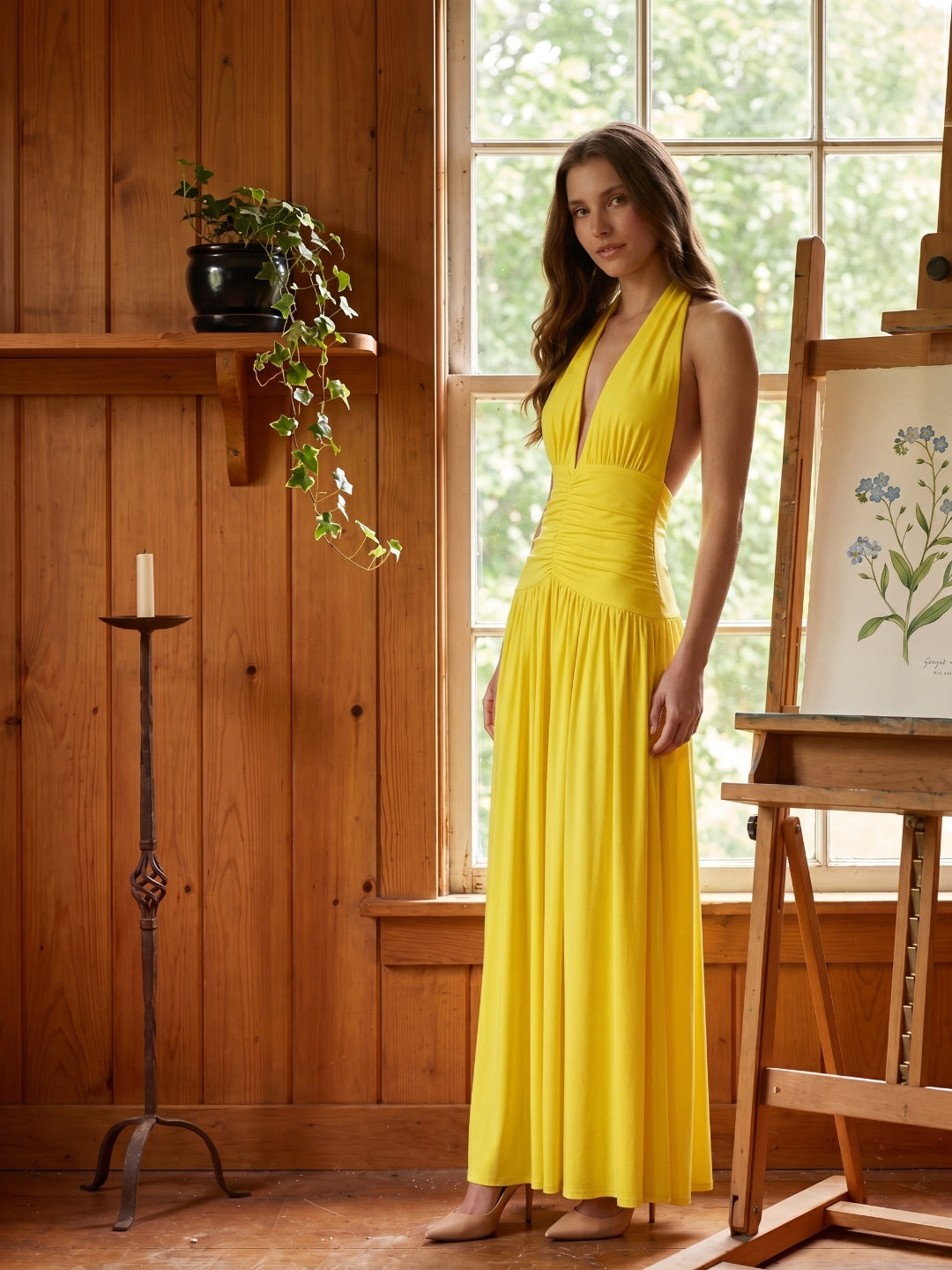 Lemon Stretch Knit A-Line Halter Backless Ankle-Length Bridesmaid Dress with Pleats - Curvevia