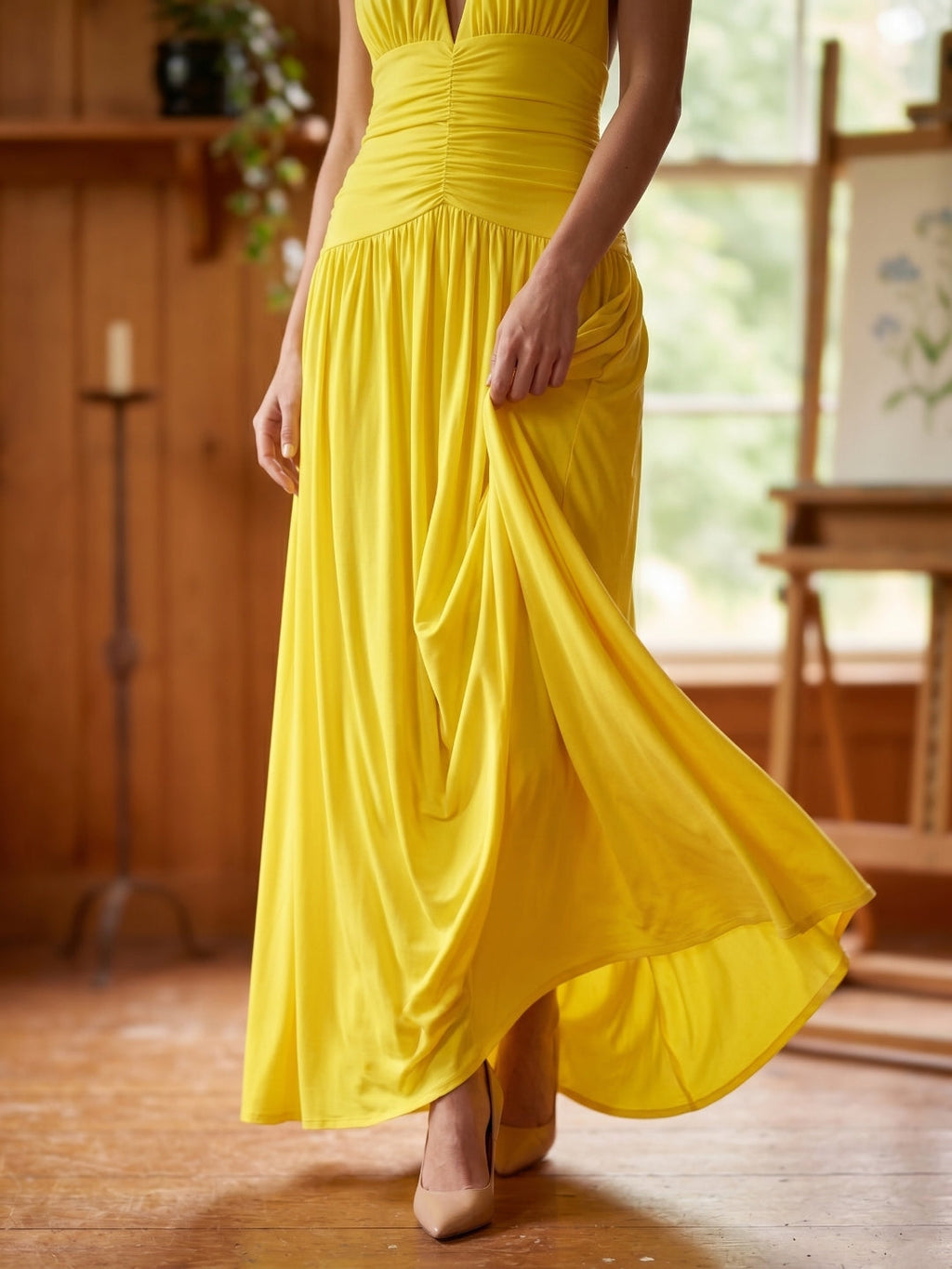 Lemon Stretch Knit A-Line Halter Backless Ankle-Length Bridesmaid Dress with Pleats - Curvevia
