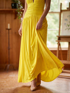 Lemon Stretch Knit A-Line Halter Backless Ankle-Length Bridesmaid Dress with Pleats - Curvevia