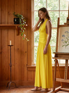 Lemon Stretch Knit A-Line Halter Backless Ankle-Length Bridesmaid Dress with Pleats - Curvevia