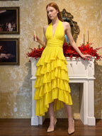 Lemon Stretch Knit A-Line Halter Backless Asymmetrical Bridesmaid Dress with Cascading Ruffles - Curvevia