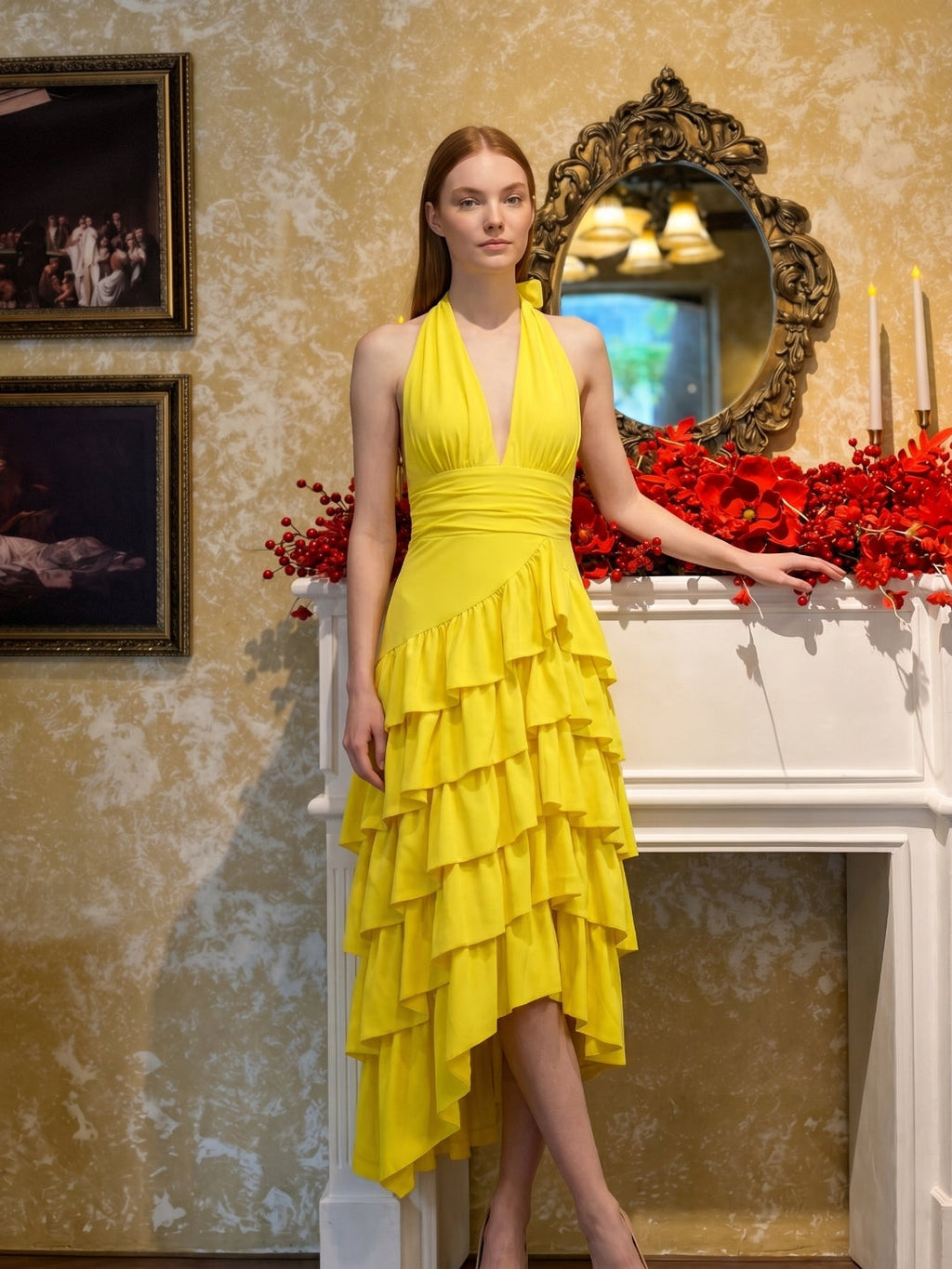 Lemon Stretch Knit A-Line Halter Backless Asymmetrical Bridesmaid Dress with Cascading Ruffles - Curvevia