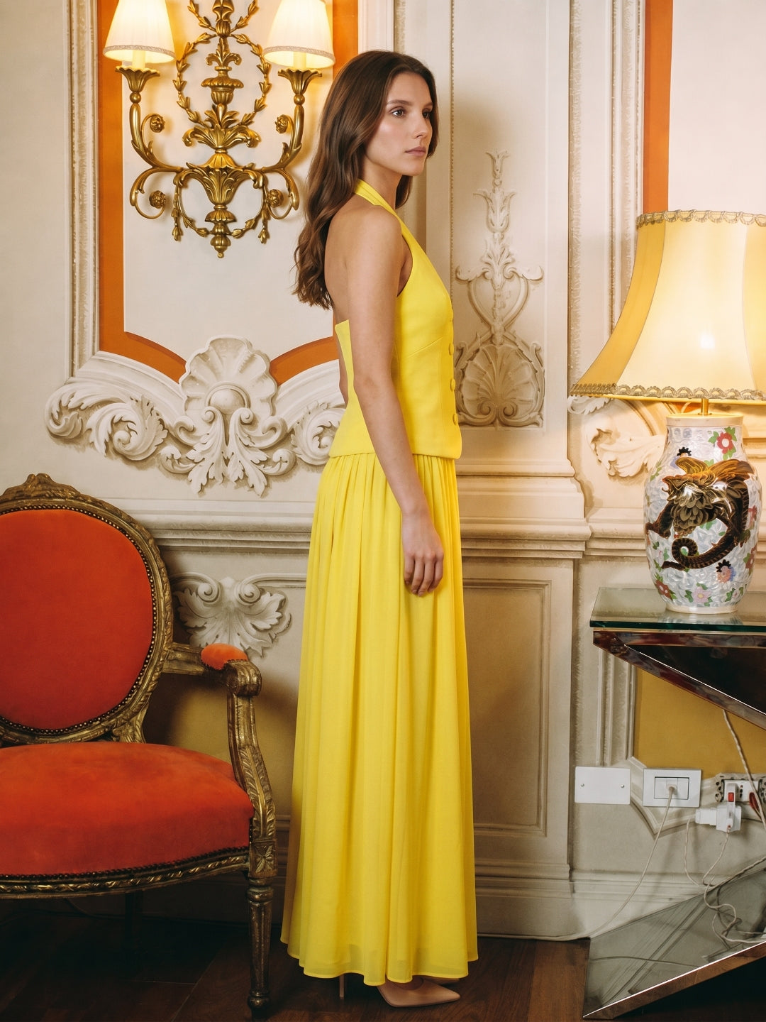 Lemon Stretch Knit A-Line Halter Backless Floor-Length Bridesmaid Dress - Curvevia