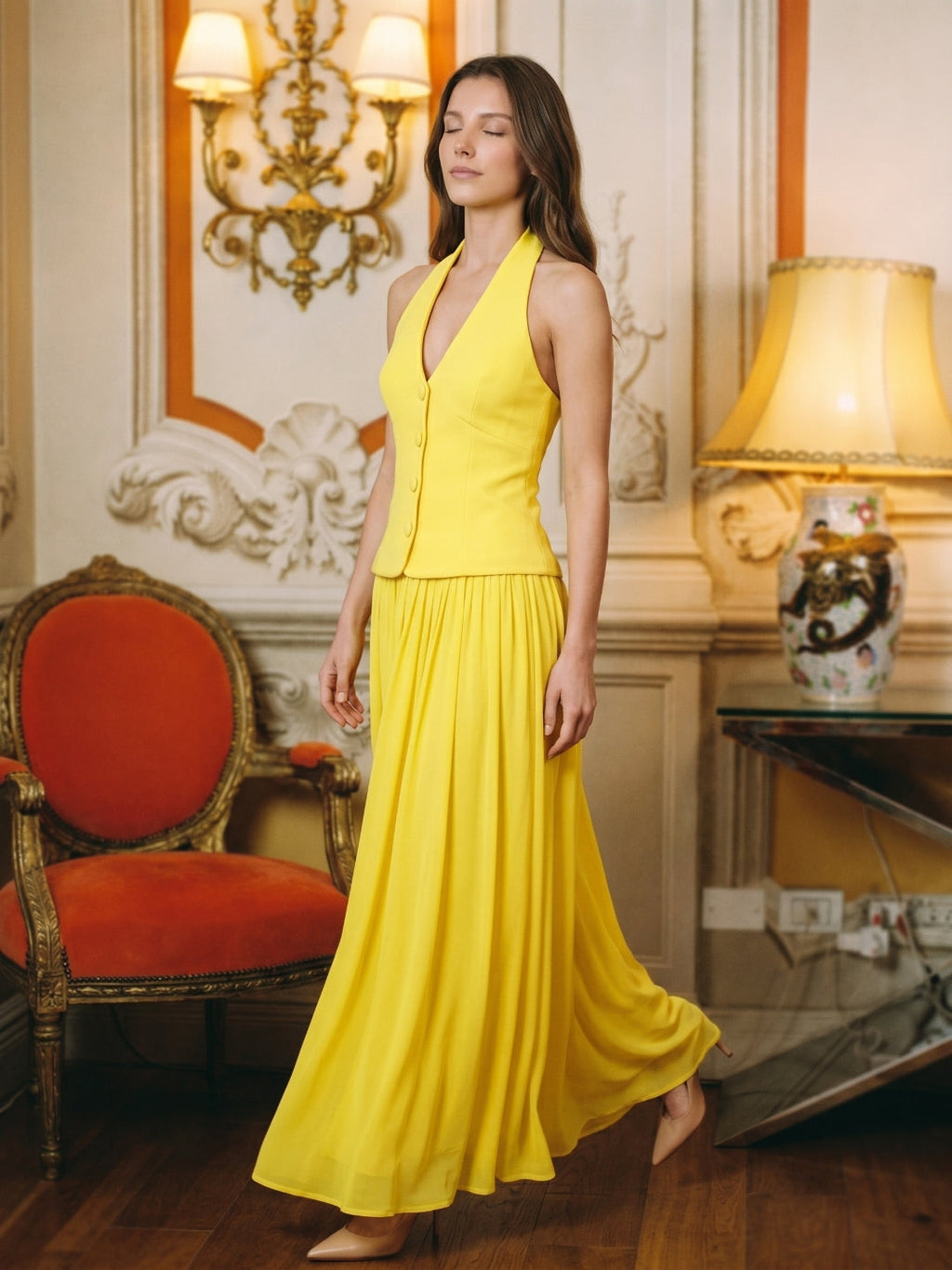 Lemon Stretch Knit A-Line Halter Backless Floor-Length Bridesmaid Dress - Curvevia