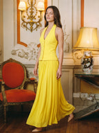 Lemon Stretch Knit A-Line Halter Backless Floor-Length Bridesmaid Dress - Curvevia