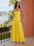 Lemon Stretch Knit A-Line Halter Backless Floor-Length Bridesmaid Dress with Pleats - Curvevia
